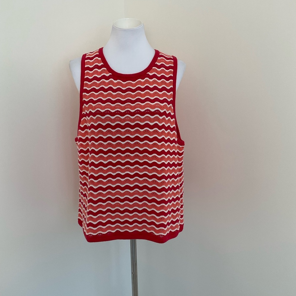Marine Layer Red, White And Peach Wave Design Sleeveless Knit Top